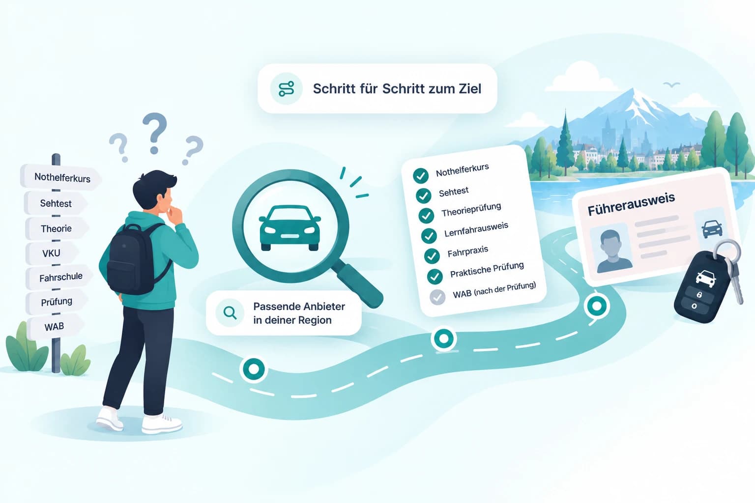 Illustration des persönlichen Wegs zum Führerausweis mit Anbietersuche und den wichtigsten Ausbildungsschritten